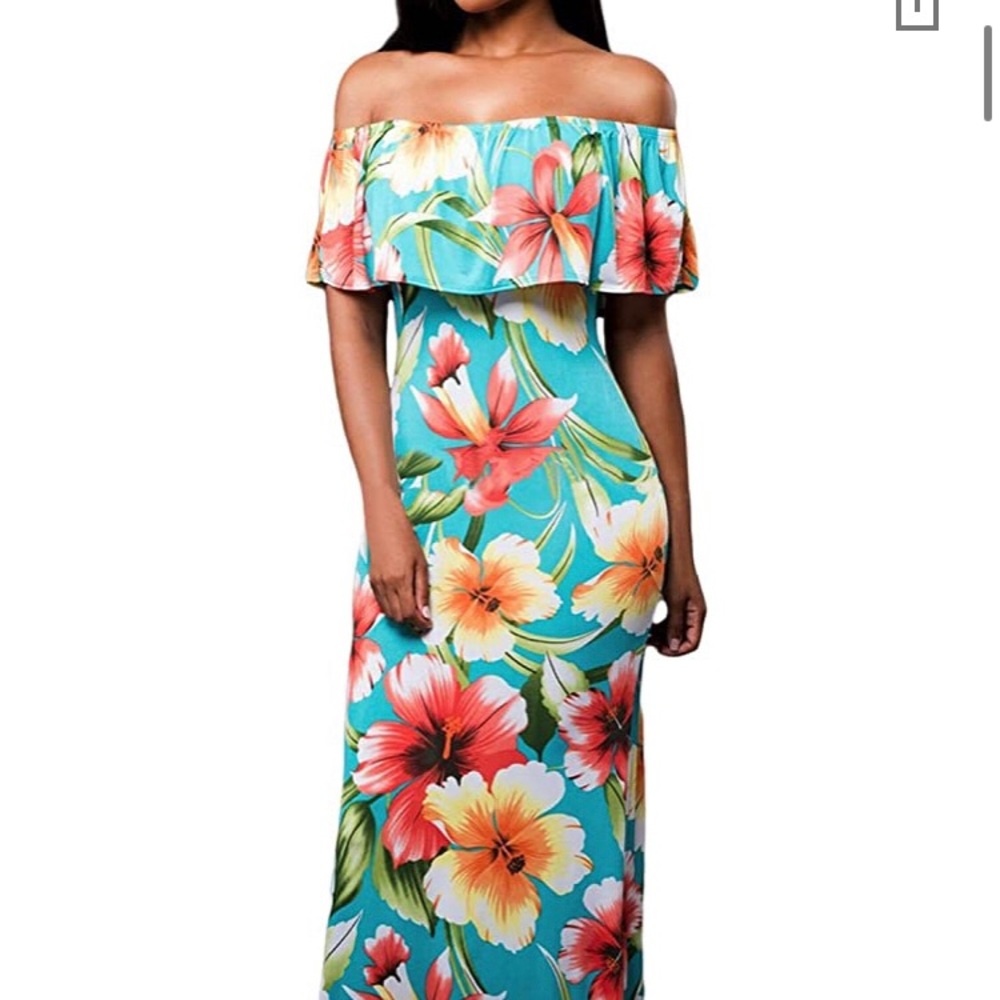 Off the shoulder tropical maxi dress